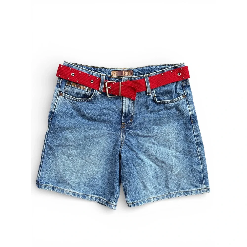 L.E.I. Denim Shorts Womens 7 Blue Excellent Y2K Medium Wash Red‎ Belt 1691034X